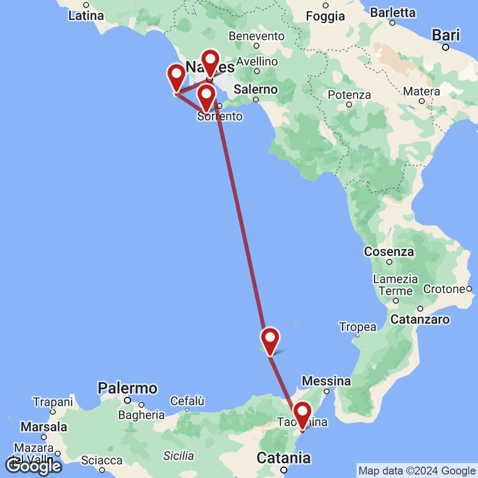 Route for Naples, Capri, Ischia, Naples, Lipari, Taormina tour
